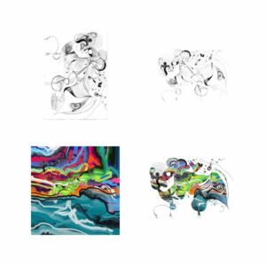 <br>ÉTAPE N°3 : L'arrivée du dessin, réalisé au stylo plume sur papier, puis scanné et détouré, placé dans le même fichier. Quelques tests de positionnement, grosseur, et zones de blanc pour faire respirer le tout...<br><br>