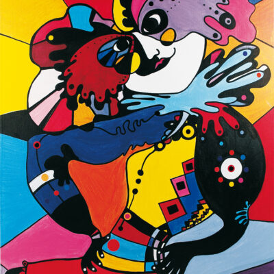 <br>INCOGNITO <span style='color: #5E7C98'>- Acrylique, marqueur et gommettes sur carton toilé -</span> <em><span style='color: #FF8D00;font-size: 10px;'>PAS À VENDRE</span></em><br><br>