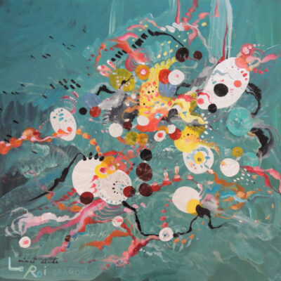 <br>LE ROI DRAGON <span style='color: #5E7C98'>- 80cm x 80cm, acrylique, papier et vernis sur toile -</span> <em><span style='color: #00CB65;font-size: 10px;'>DISPONIBLE</span></em><br><br>